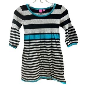 Takeout Striped Sweater Dress Black Gray Blue Large